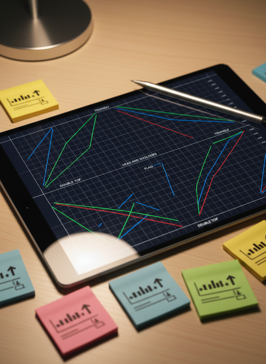 A close-up, photographic realistic view of a glossy black tablet laying flat on a pale wooden desk, its screen filled with technical analysis chart patterns: clearly labeled head and shoulders, double top, flag, pennant, and triangle formations on a dark grid background. Around the tablet are neatly arranged colored sticky notes with tiny printed icons of arrows and lines, and a slim, metallic stylus resting diagonally across the corner. Soft, warm desk lamp lighting falls from the top left, casting delicate shadows and creating a cozy yet serious atmosphere. Captured from a slightly elevated angle with shallow depth of field, the focus remains razor sharp on the chart patterns, supporting a professional, educational mood about learning stock market techniques.