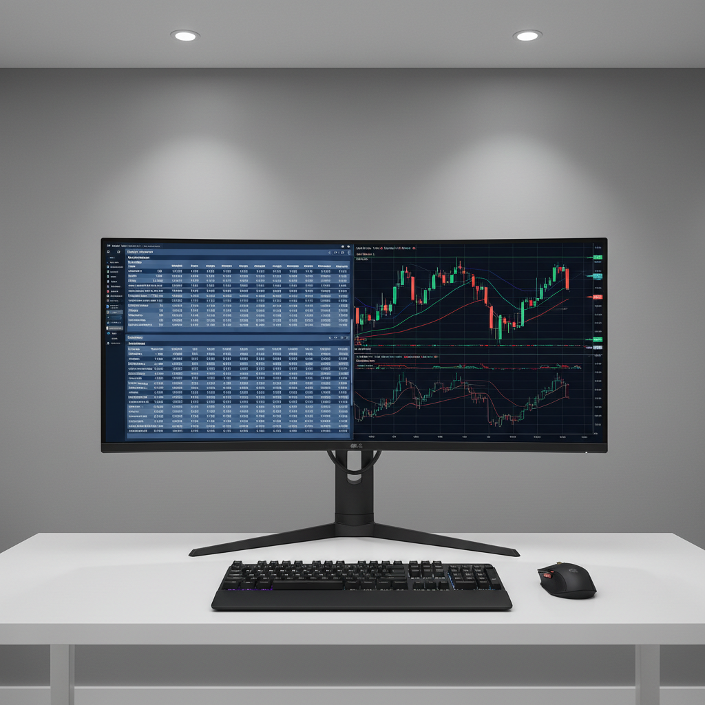 A large, ultra-wide computer monitor on a matte black stand showing a detailed split-screen of fundamental analysis: one side a balance sheet and income statement with crisp numeric columns, the other side a multi-timeframe stock chart with indicators. The monitor sits on a minimalist white desk with a single black mechanical keyboard and a wireless mouse, against a smooth gray wall. Cool, diffused overhead lighting evenly illuminates the scene, creating subtle highlights along the monitor’s bezel. Shot from a slightly elevated angle with sharp clarity throughout, the composition emphasizes structure and clarity. The mood is serious, data-driven, and analytical, rendered in clean, photographic realism to communicate precision and professionalism in financial education.